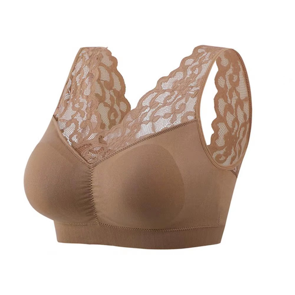 Lady Bra Solid Color Wireless Lace See-Through Hollow Out Brassiere Push up V Shape Back No Constraint Padded Female Underwear