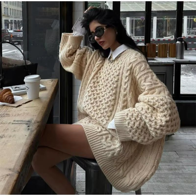 Oversized Knitted Pullover Women Casual Loose round Neck Solid Long Sleeve Female Sweater 2024 Autumn Winter Lazy Lady Knitwears