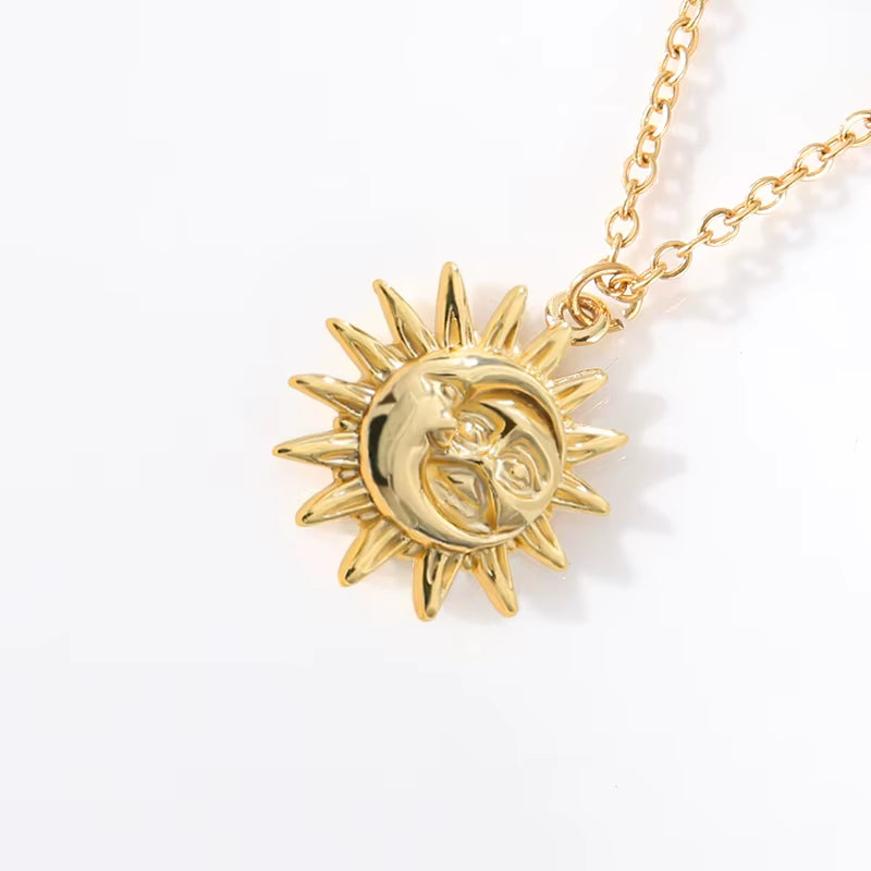 Sun and Moon Necklace for Women Stainless Steel Vintage Gold Color Necklaces Pendants Goth 2023 Trend Jewelry BFF Collier Femme