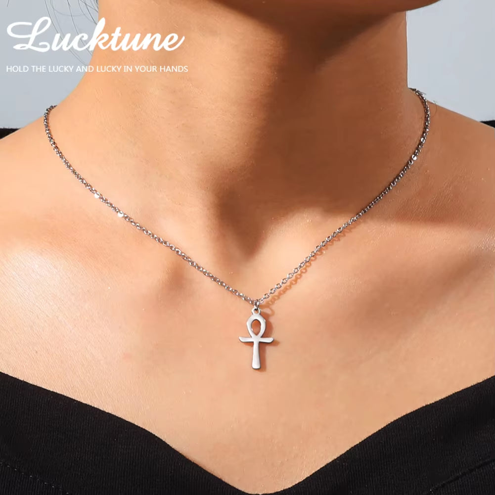 Ankh Cross Egyptian Amulet Necklace Stainless Steel Key of Life Symbol Crucifix Pendant Necklace Women Religion Jewelry