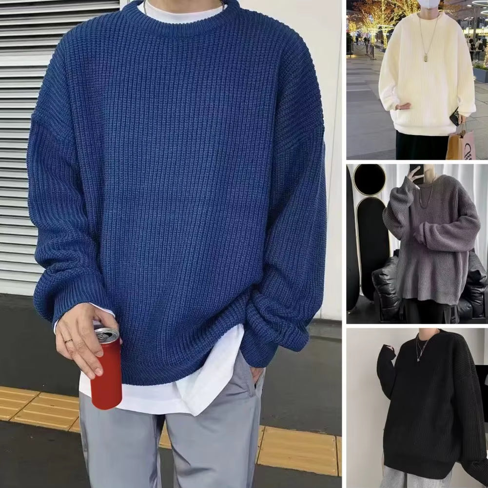 Autumn Spring Sweater round Neck Loose Pure Color Long Sleeves Knitted Pullover Stretchy Casual Daily Wear Mid Length Top Warm S