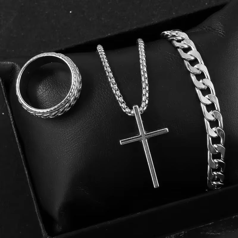 Punk Cross Pendant Necklace Bracelet Chain Ring Men'S Set Simple Personality Hip Hop Party Three Piece Jewelry Accessories