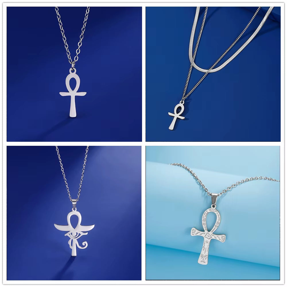 Ankh Cross Egyptian Amulet Necklace Stainless Steel Key of Life Symbol Crucifix Pendant Necklace Women Religion Jewelry