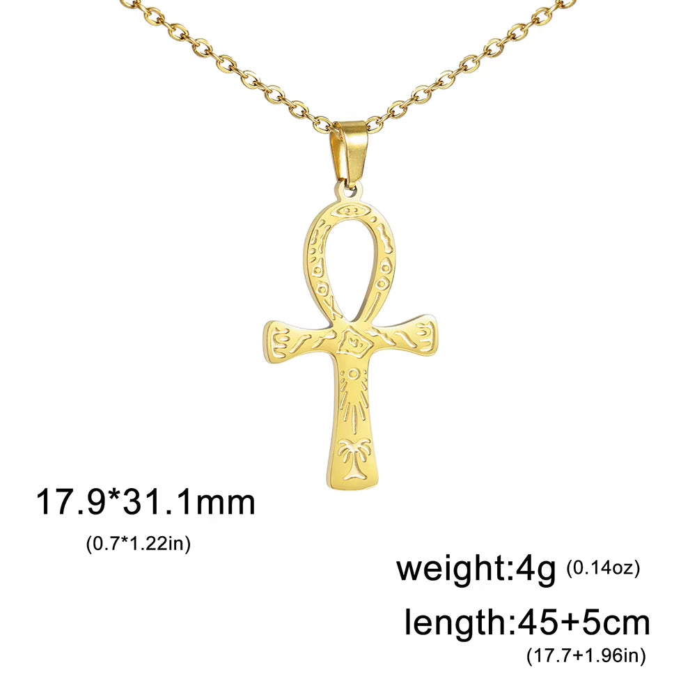 Ankh Cross Egyptian Amulet Necklace Stainless Steel Key of Life Symbol Crucifix Pendant Necklace Women Religion Jewelry