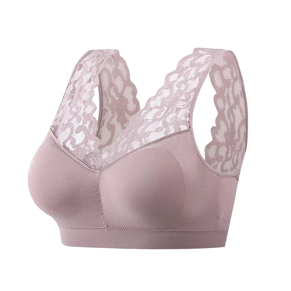 Lady Bra Solid Color Wireless Lace See-Through Hollow Out Brassiere Push up V Shape Back No Constraint Padded Female Underwear