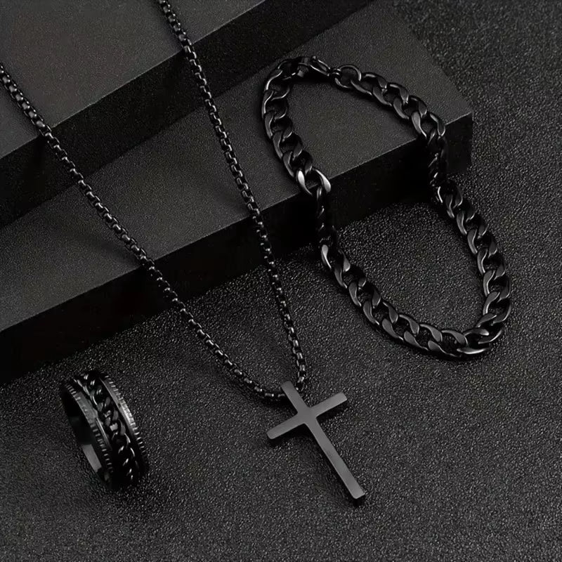 Punk Cross Pendant Necklace Bracelet Chain Ring Men'S Set Simple Personality Hip Hop Party Three Piece Jewelry Accessories