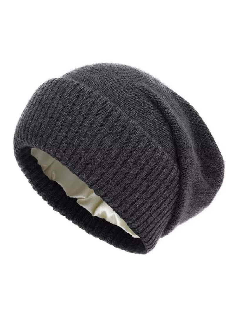 Solid Color Cashmere Wool Blend Satin Lining Beanie Hat, Casual Soft Warm Knit Hat for Fall & Winter, Fashion Accessories for Bo