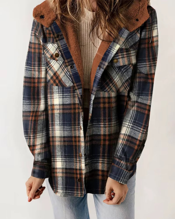 Plus Size Women Coat Winter Casual Shacket Plaid Pattern Fleece Lined Coat Pocket Long Sleeve Button Front Loose Hooded Jacket