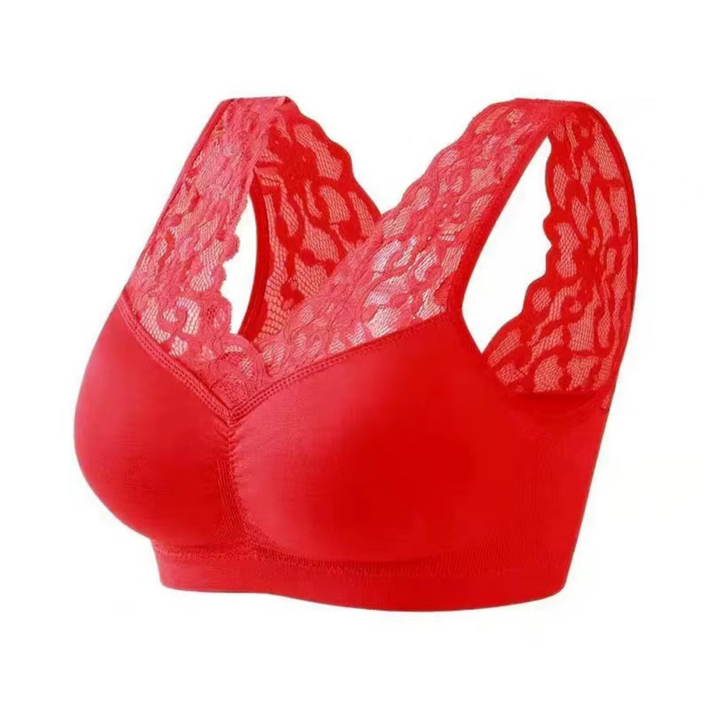 Lady Bra Solid Color Wireless Lace See-Through Hollow Out Brassiere Push up V Shape Back No Constraint Padded Female Underwear