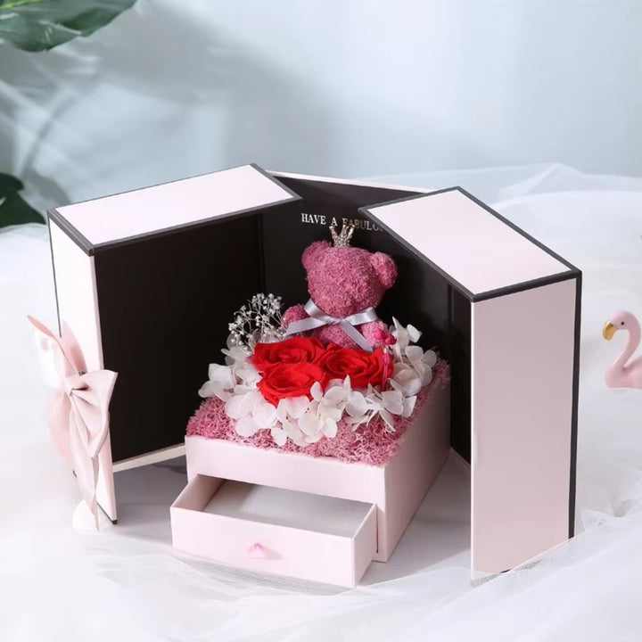 Eternal Rose Bear Gift Box with Drawer Design Wedding Anniversary Valentine'S Day Birthday Flower Gifts for Her