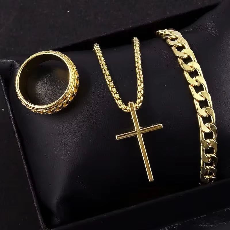 Punk Cross Pendant Necklace Bracelet Chain Ring Men'S Set Simple Personality Hip Hop Party Three Piece Jewelry Accessories