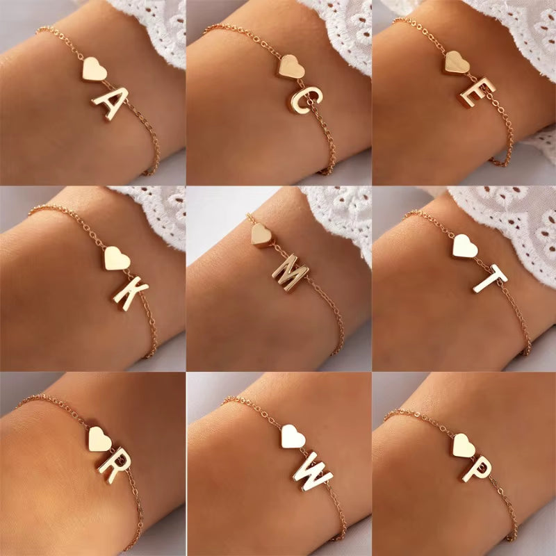 Fashion Girls Gold Color 26 A-Z Letter Name Heart Bracelet Bangle Initial Alphabet Charms Box Chain Bracelets for Women Gifts