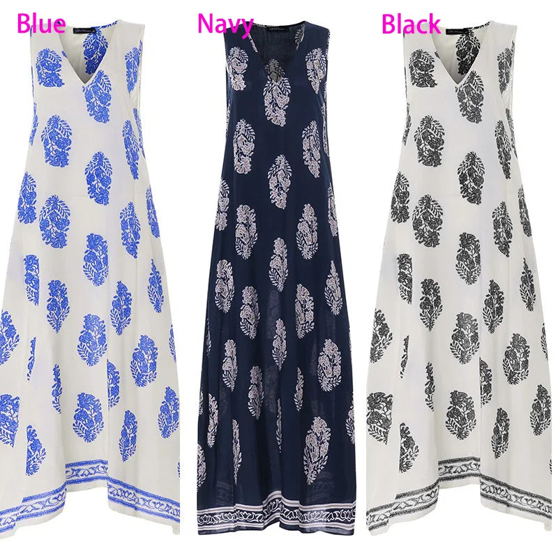 2023 Bohemian Print Dress Women'S Summer Sundress Fashion Sexy V Neck Sleeveless Maxi Vestidos Female Floral Robe Femme