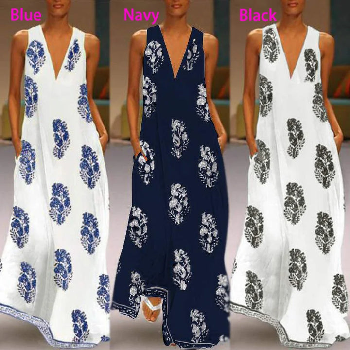 2023 Bohemian Print Dress Women'S Summer Sundress Fashion Sexy V Neck Sleeveless Maxi Vestidos Female Floral Robe Femme