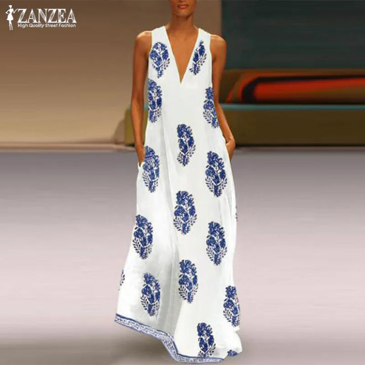 2023 Bohemian Print Dress Women'S Summer Sundress Fashion Sexy V Neck Sleeveless Maxi Vestidos Female Floral Robe Femme