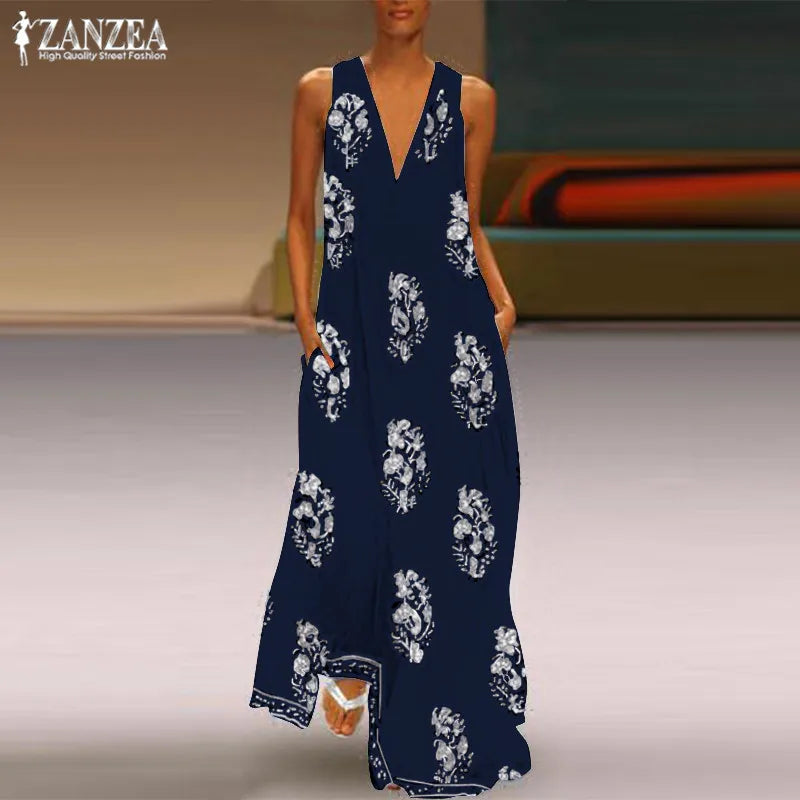 2023 Bohemian Print Dress Women'S Summer Sundress Fashion Sexy V Neck Sleeveless Maxi Vestidos Female Floral Robe Femme