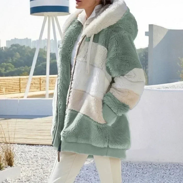 Women'S Winter Fuzzy Fleece Jacket Hooded Color Block Patchwork Cardigan Coats Long Sleeve Tunic Coat Outerwear with Pockets