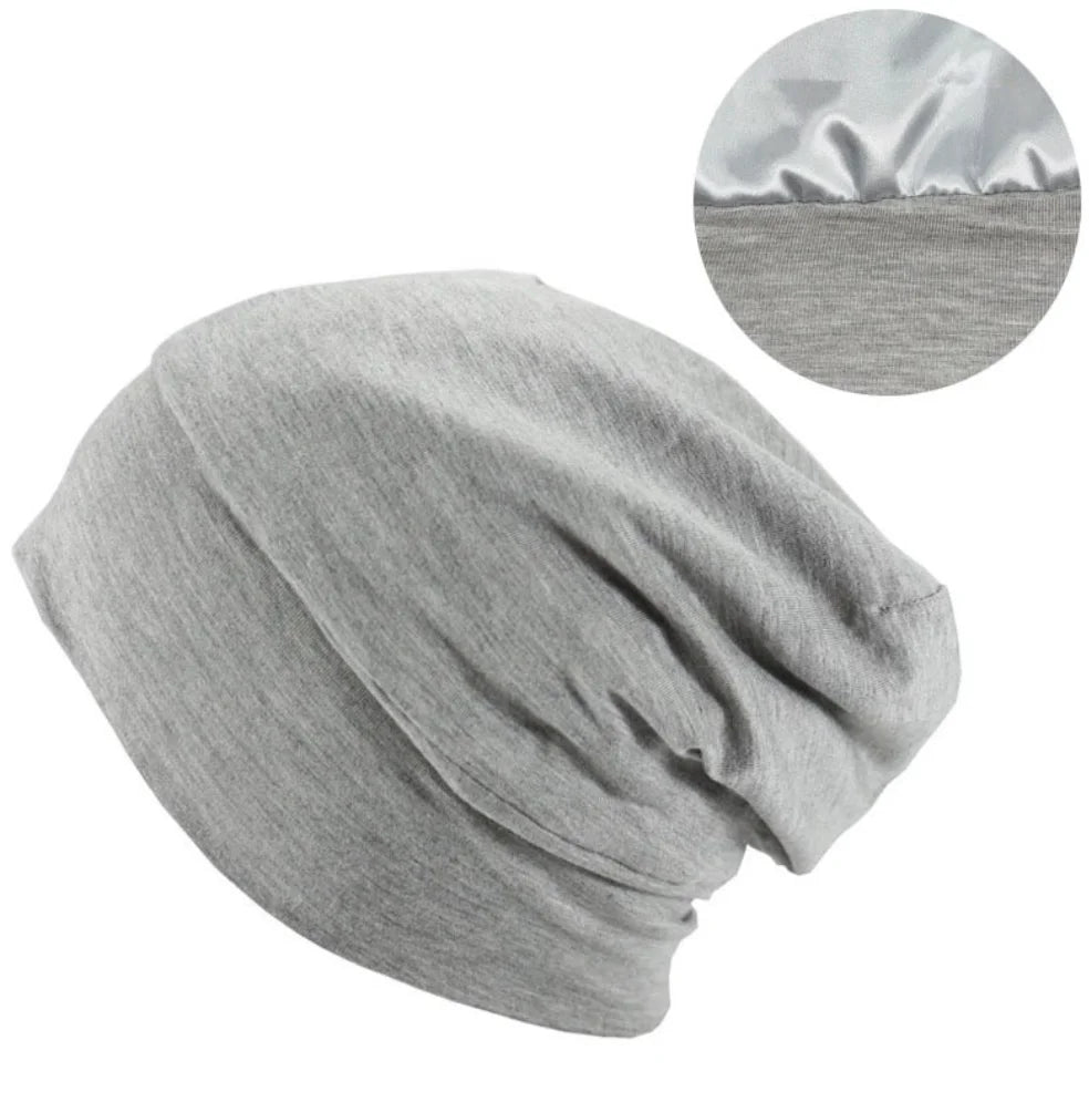 Satin Lined Beanies Hat for Women Bamboo Cotton Stretch Satin Bonnet Cap for Men Silk Night Sleeping Cap Skullies Headwrap