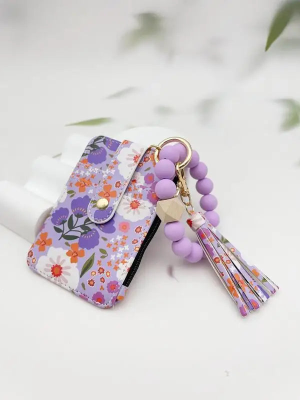 Women'S Boho Style Beaded & Tassel Decorated Keychain with Flower Pattern Wallet, Cute Fall Trendy Keychain, Chic Gorgeous Keych