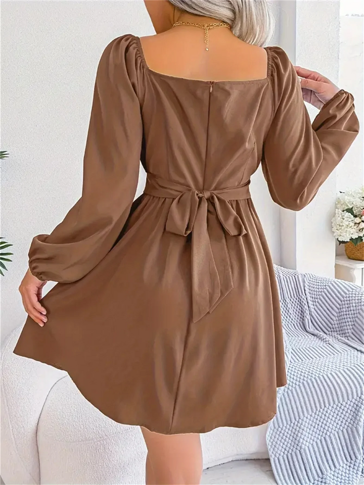 Casual Ruched Square Neck Long Sleeve Ruffle Trim Dress for Spring & Fall, Women'S Clothing