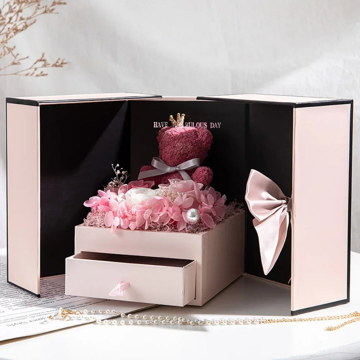 Eternal Rose Bear Gift Box with Drawer Design Wedding Anniversary Valentine'S Day Birthday Flower Gifts for Her