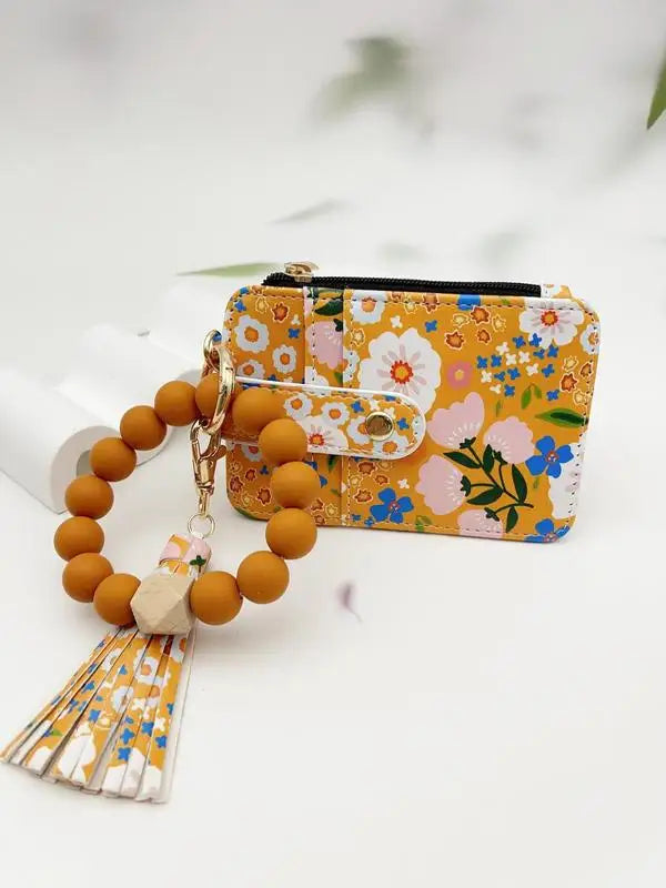 Women'S Boho Style Beaded & Tassel Decorated Keychain with Flower Pattern Wallet, Cute Fall Trendy Keychain, Chic Gorgeous Keych