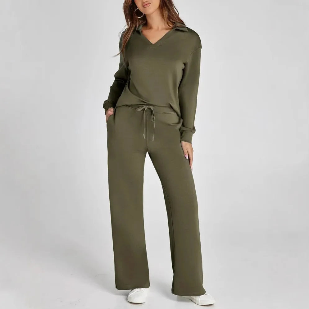 2Pcs/Set Women Top Pants Suit Long Sleeves Sport Sweatshirt Drawstring Elastic Waist Wide Leg Trousers Casual Fitness Outfit