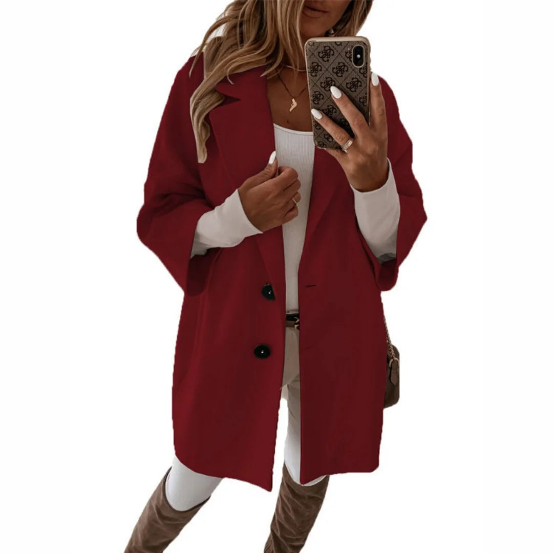 New Women'S Autumn and Winter Three-Quarter Sleeve Button Lapel Pocket Woolen Coat Women'S Clothing Goddess Exclusive