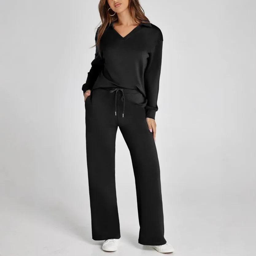 2Pcs/Set Women Top Pants Suit Long Sleeves Sport Sweatshirt Drawstring Elastic Waist Wide Leg Trousers Casual Fitness Outfit