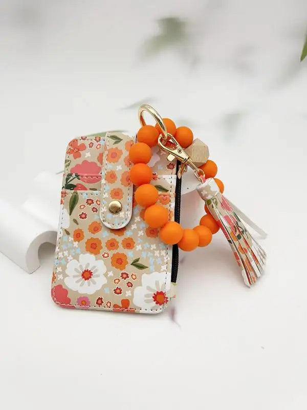 Women'S Boho Style Beaded & Tassel Decorated Keychain with Flower Pattern Wallet, Cute Fall Trendy Keychain, Chic Gorgeous Keych