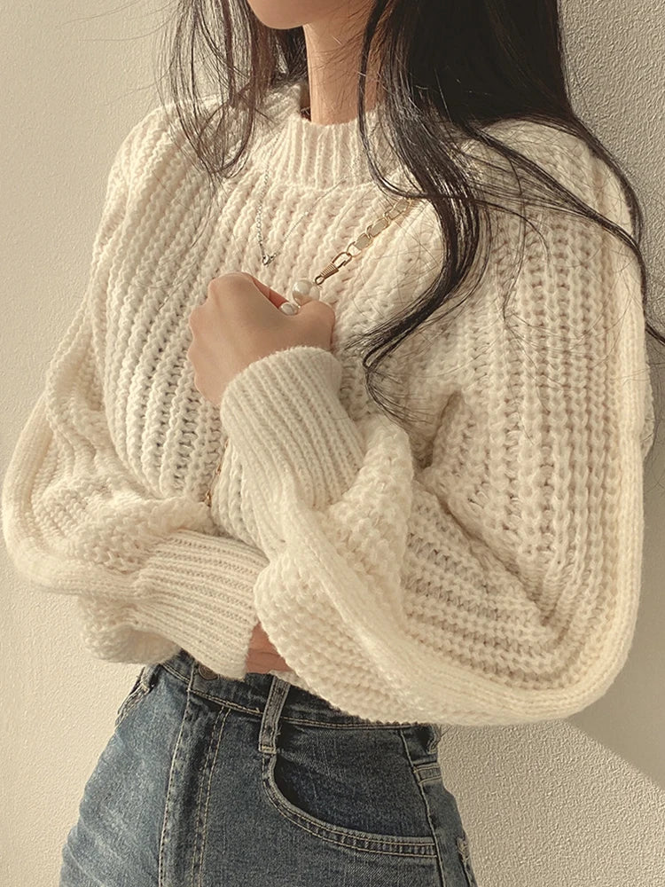 Vintage Harajuku Lantern Long Sleeve Women Sweater Casual Korean Autumn Winter Knitwear Soft Warm Tops Chic Solid Femme Sweater