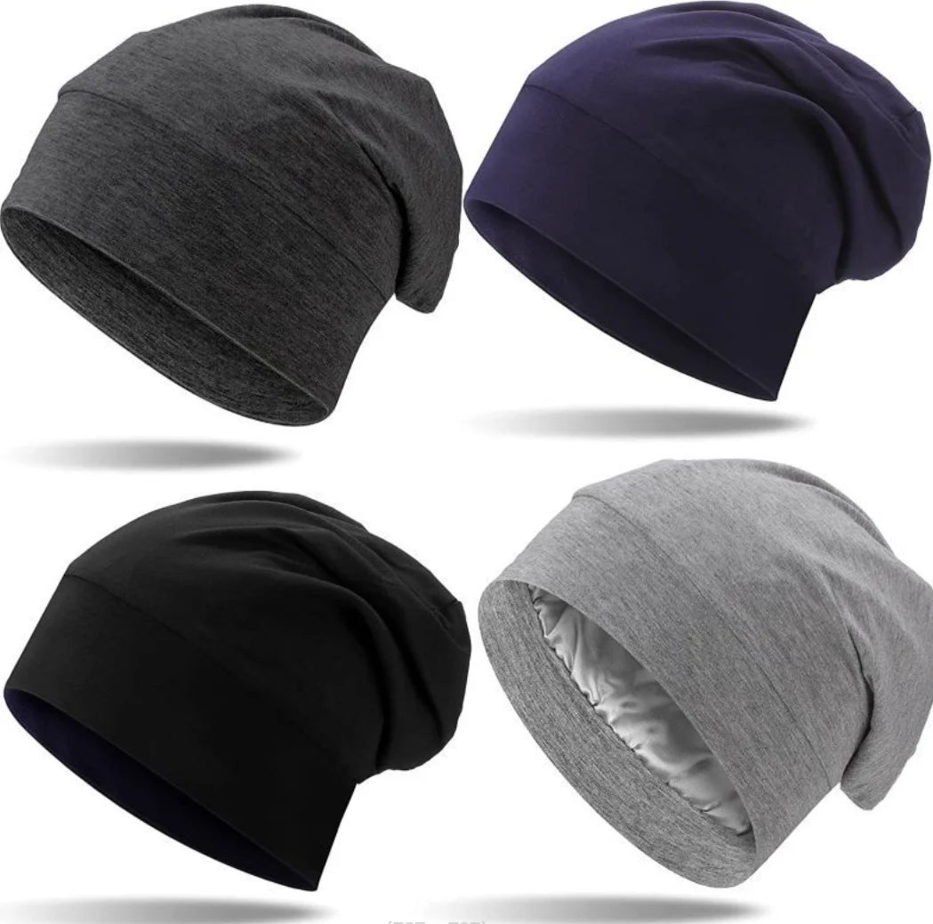 Satin Lined Beanies Hat for Women Bamboo Cotton Stretch Satin Bonnet Cap for Men Silk Night Sleeping Cap Skullies Headwrap