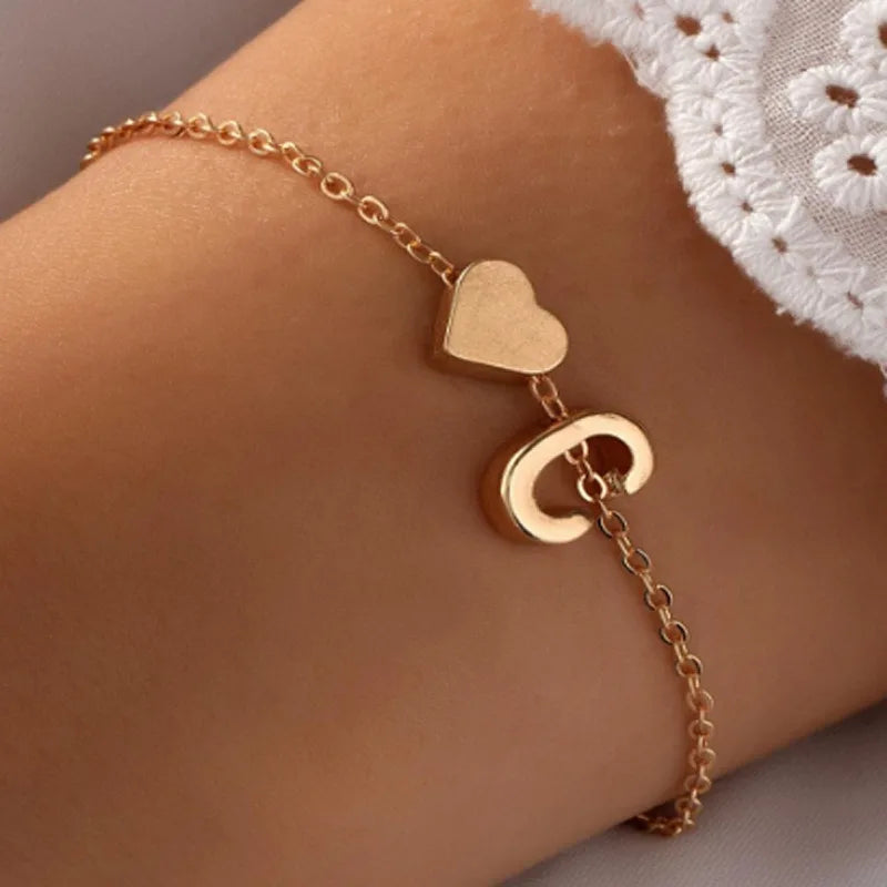 Fashion Girls Gold Color 26 A-Z Letter Name Heart Bracelet Bangle Initial Alphabet Charms Box Chain Bracelets for Women Gifts