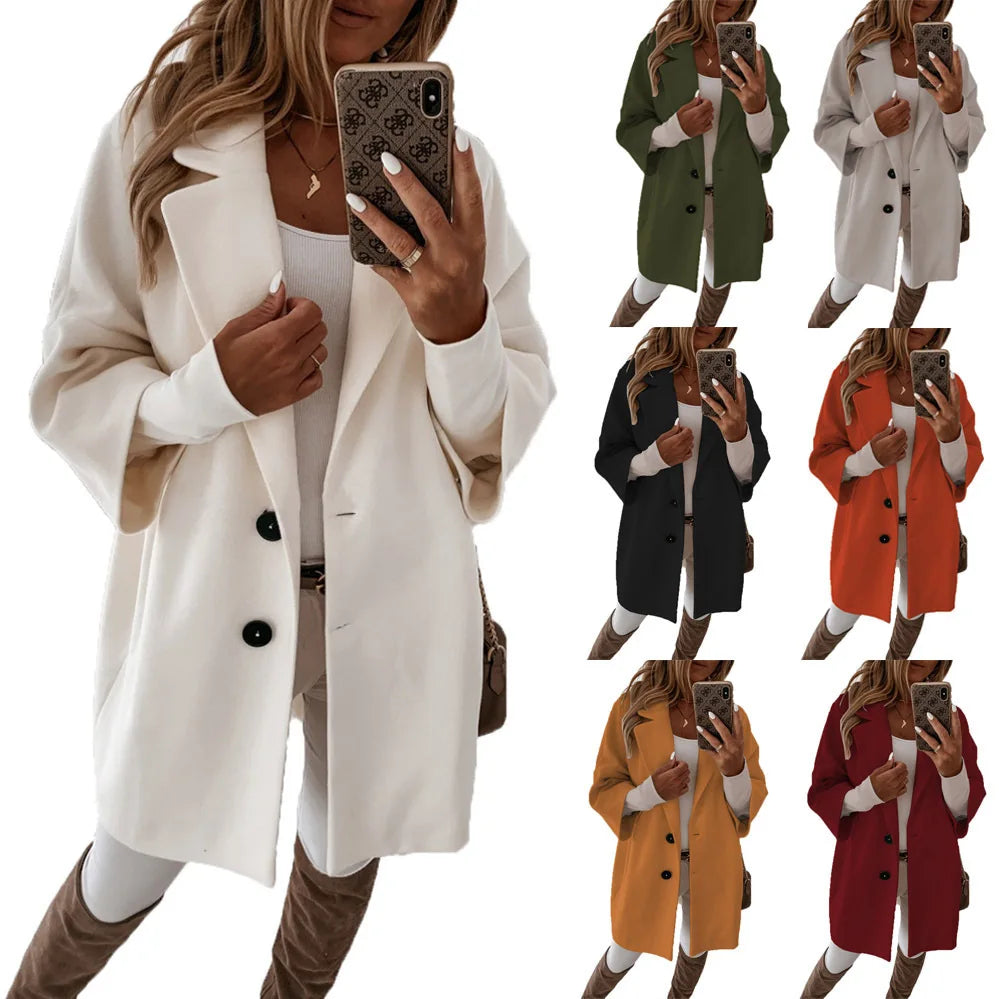 New Women'S Autumn and Winter Three-Quarter Sleeve Button Lapel Pocket Woolen Coat Women'S Clothing Goddess Exclusive