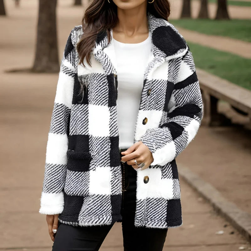 New Women'S Long Sleeved Checkered Pocket Loose Casual Button Plush Jacket for Women