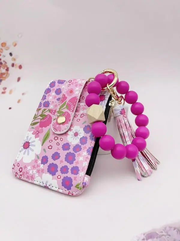 Women'S Boho Style Beaded & Tassel Decorated Keychain with Flower Pattern Wallet, Cute Fall Trendy Keychain, Chic Gorgeous Keych