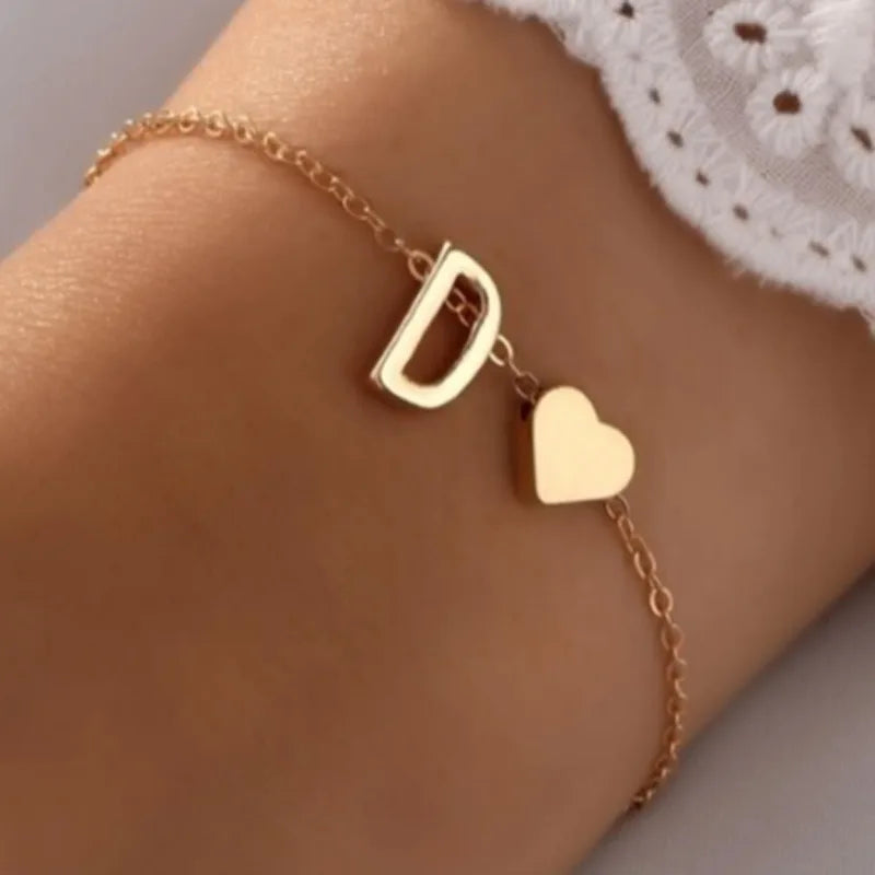 Fashion Girls Gold Color 26 A-Z Letter Name Heart Bracelet Bangle Initial Alphabet Charms Box Chain Bracelets for Women Gifts