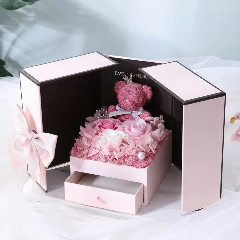 Eternal Rose Bear Gift Box with Drawer Design Wedding Anniversary Valentine'S Day Birthday Flower Gifts for Her