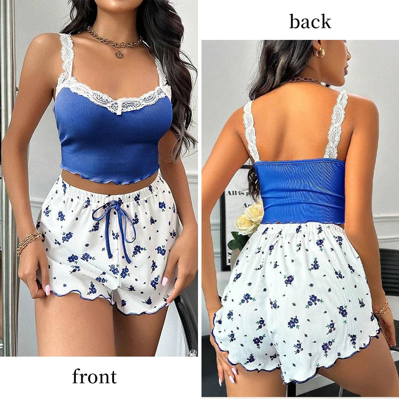 Women'S Two-Piece Summer Ribbed Knitted Flower Print Lace Trimmed Camisole Vest and Bow Shorts Sexy Pajama Set