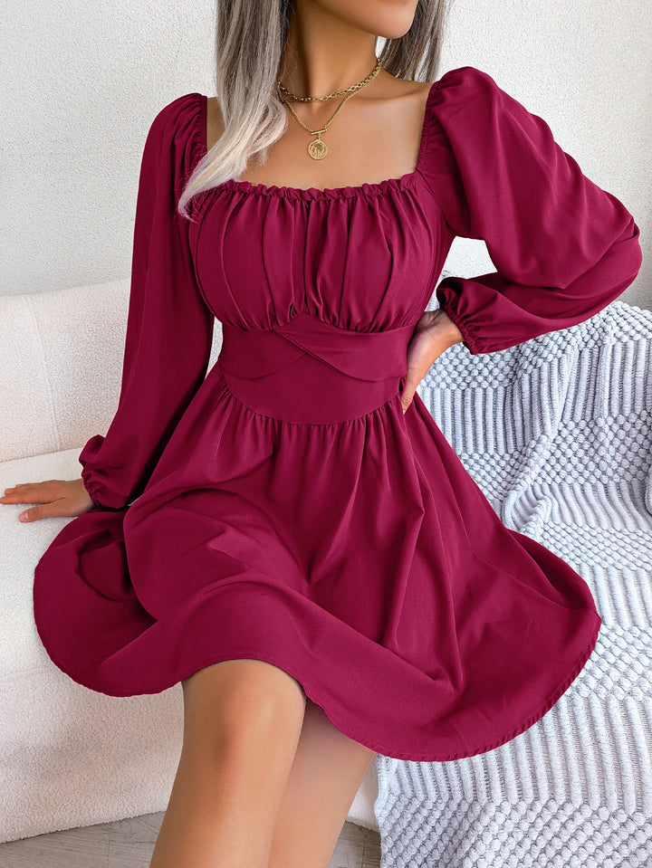 Casual Ruched Square Neck Long Sleeve Ruffle Trim Dress for Spring & Fall, Women'S Clothing