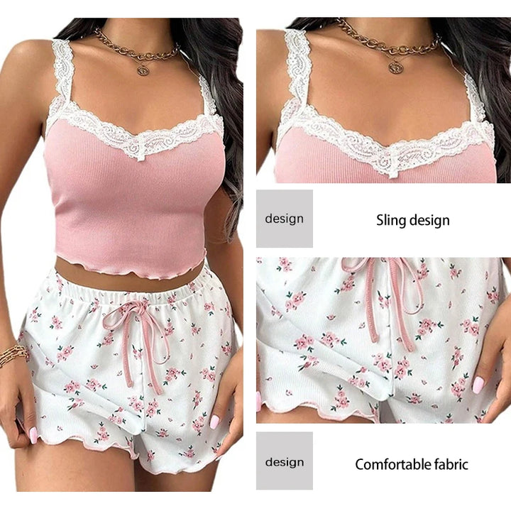 Women'S Two-Piece Summer Ribbed Knitted Flower Print Lace Trimmed Camisole Vest and Bow Shorts Sexy Pajama Set