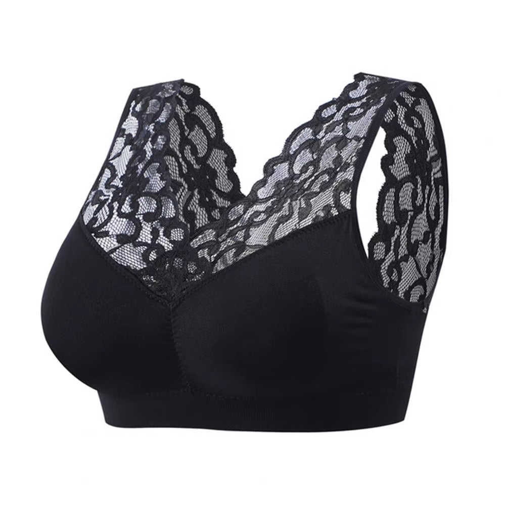 Lady Bra Solid Color Wireless Lace See-Through Hollow Out Brassiere Push up V Shape Back No Constraint Padded Female Underwear