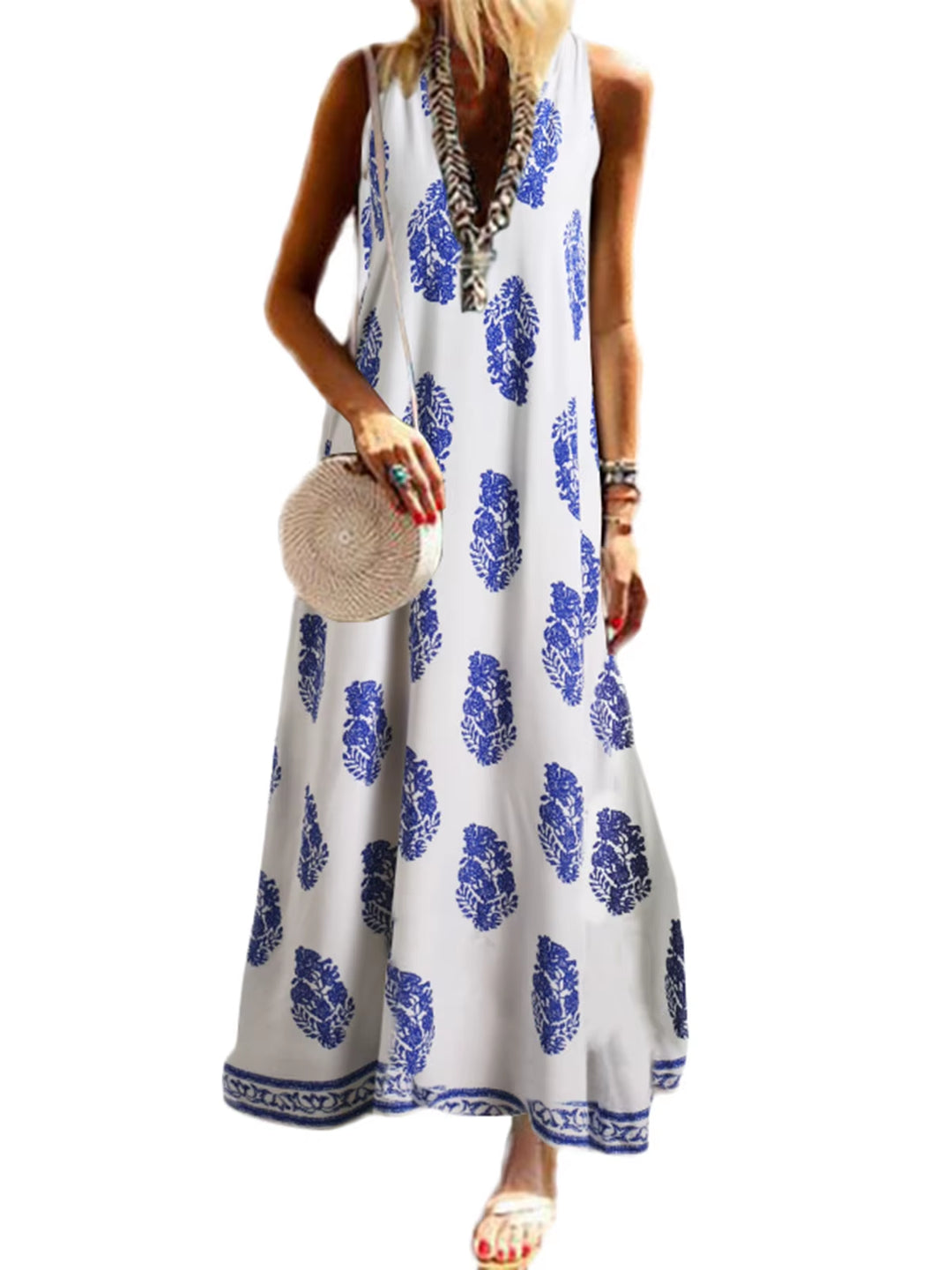 2023 Bohemian Print Dress Women'S Summer Sundress Fashion Sexy V Neck Sleeveless Maxi Vestidos Female Floral Robe Femme