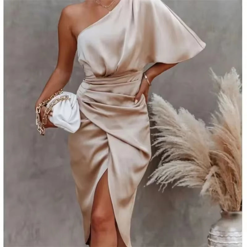 Elegant High-End Feel Women'S Evening Dress Solid Color Irregular Midwaist Crossbody Dress for Party Open Behavior