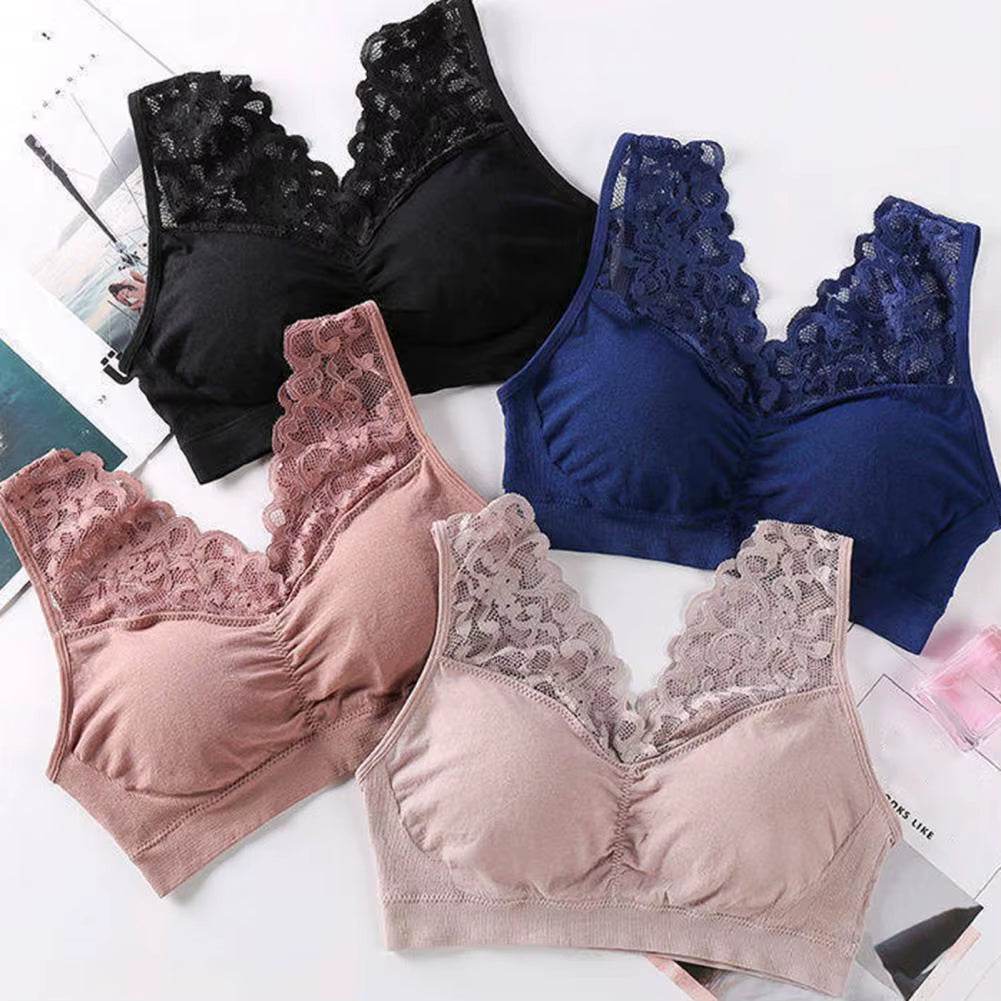 Lady Bra Solid Color Wireless Lace See-Through Hollow Out Brassiere Push up V Shape Back No Constraint Padded Female Underwear