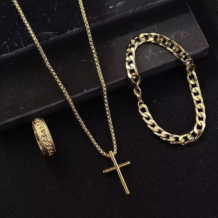 Punk Cross Pendant Necklace Bracelet Chain Ring Men'S Set Simple Personality Hip Hop Party Three Piece Jewelry Accessories