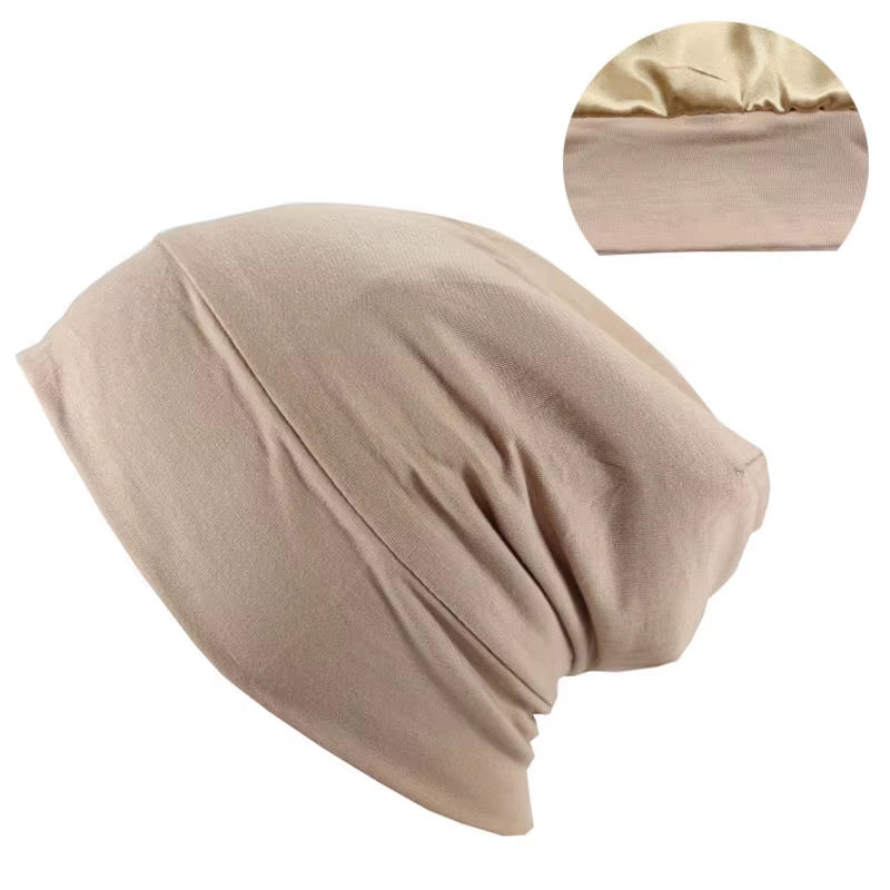 Satin Lined Beanies Hat for Women Bamboo Cotton Stretch Satin Bonnet Cap for Men Silk Night Sleeping Cap Skullies Headwrap